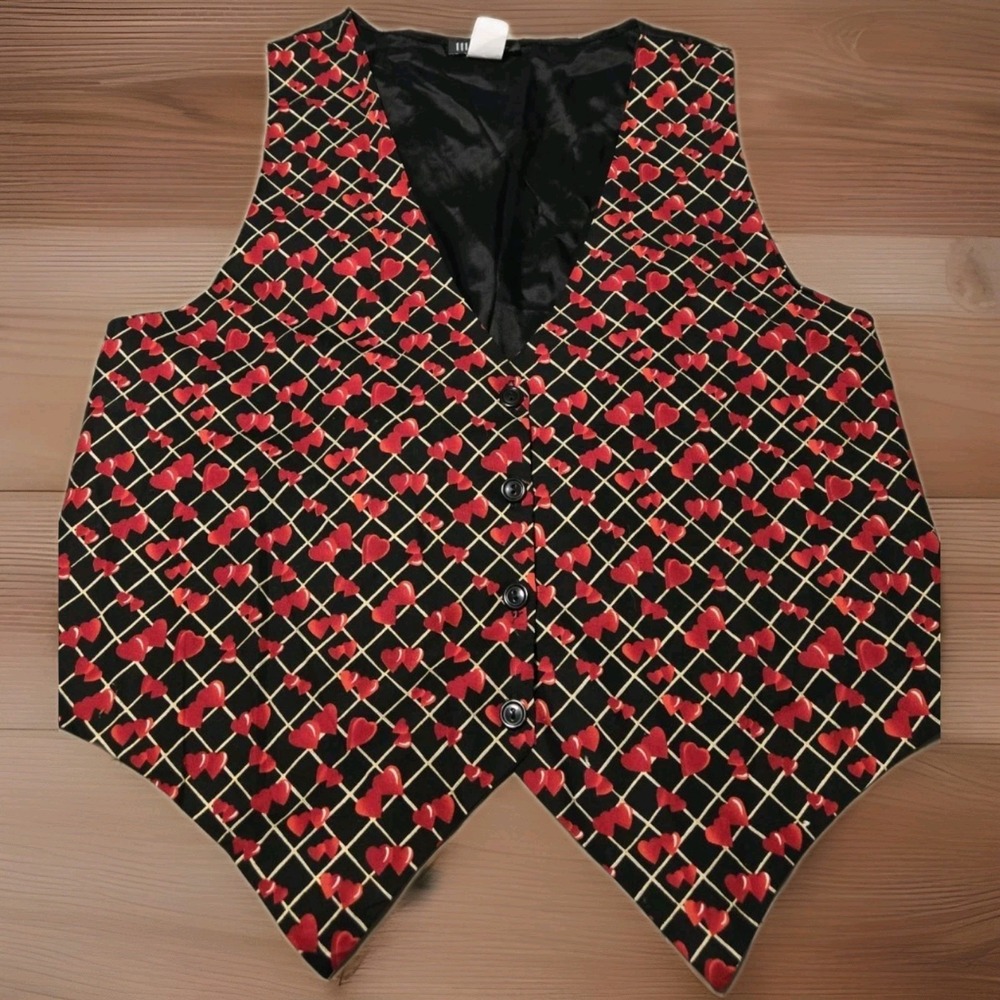 Vintage Heart Print‎ Vest Tie Back Black Red Coquette Valentine 90s Unisex Large